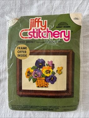 Vintage Jiffy Stitchery kit, basket of flowers, wool, 5x7” finished frame